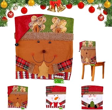 Christmas Chair Back Covers Set of 6, 3D Cute Santa Claus Snowman Reindeer Xmas Dinner Chair Covers, for Home Kitchen Holiday Festive Party Decorations (4, A)