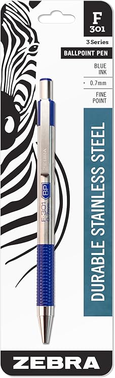Zebra Pen F-301 Ballpoint Fine Point 0.7mm Stainless Steel Retractable Ballpoint 1-Pack Easy-Glide Ink, Non-Slip Grip, Metal Clip, Refillable with F-Refill, Professional Design (27121)