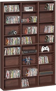 LELELINKY 8 Tier Tall Display Cabinet, Walnut Media Storage Cabinet with Adjustable Shelves, Free Standing DVD Organizer Shelf, Floor Multimedia Storage Manga Bookshelf for Living Room & Home Office.