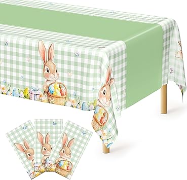 QZYL 3 Pack Easter Tablecloths, 54 x 108 Disposable Easter Decorations, Sage Green Bunny Plaid Spring Tablecloth, Rectangle Plastic Easter Table Cloth with Easter Party Decorations Supplies Favors