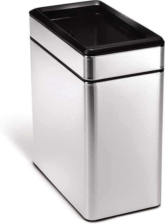 simplehuman Slim Open Can, 10L / 2.6 Gallon Commercial Office Trash Can for Hotel Rooms, Conference Rooms, Reception, Heavy Duty Stainless Steel, ADA-Compliant, Brushed Stainless Steel