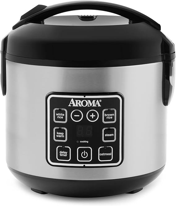 AROMA 8-Cup Cooked  2 Qt. Digital Rice & Grain Multicooker, Durable Nonstick Inner Pot, Oatmeal, Steam, White & Brown Rice, Keep Warm