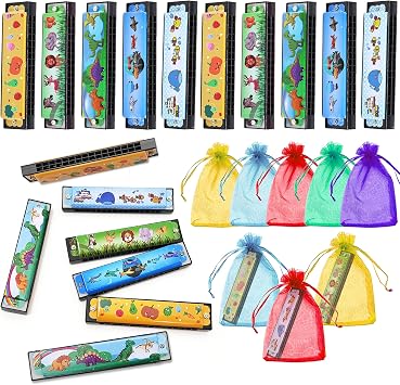 10 Sets Harmonica with Organza Gift Bags Music Party Favors 16 Holes Cartoon Harmonica Musical Instrument for Musical Party Gift Kid Musical Instrument Toys Style 3