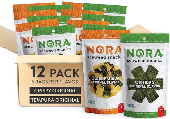 Original  Tempura Seaweed Snacks Bundle by Nora, Healthy and Low-Carb Nori Sheets, Asian Snacks, Crunchy Seaweed Snack Chips, Snacks of Asia, Korean Vegan Snacks, Gluten-Free, Non-GMO, 2 x 6 Packs