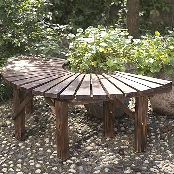 Garden Bench Seat Half Round Tree Bench, Outdoor Courtyard Bench Hardwood Curved Backless Bench 120cm, Patio Decorative Furniture Chair Park Loveseat
