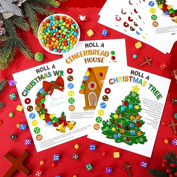 Sotiff 30 Set Christmas Dice Game Exchange Gifts Family Game Christmas Stocking Stuffers Gift with 30 Tree Wreath House Cards 30 Rainbow Color Dices for Friends Family Night Holiday Party