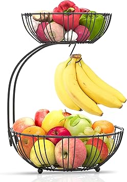 RICCLE Fruit Basket For Kitchen Counter - Fruit Basket With Banana Hanger - Double Layer Metal Wire Fruit Bowl For Countertop - Fruit Holder For Produce, Vegetables