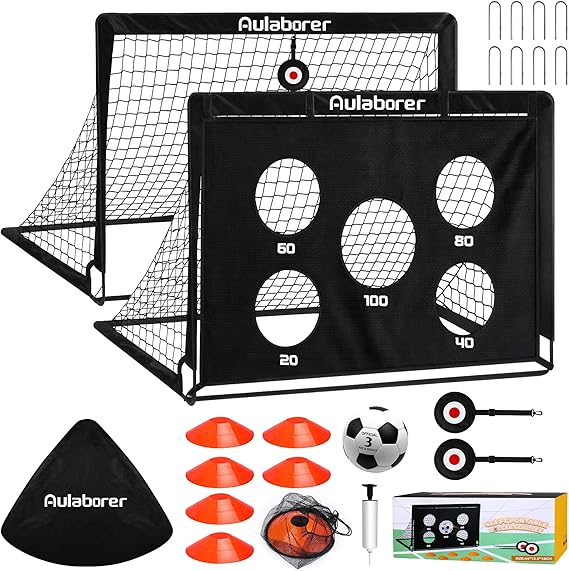 Soccer Goal, 2 Pack of 4x3ft Kids Soccer Goals Set for Backyard, Portable Pop-Up Soccer Net Training Equipment with Ball, Pump, Cones, Targets & Carry Bag for Outdoor Sports & Games