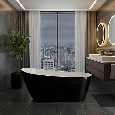 Freestanding Bathtubs 59 inch Acrylic Free Standing Tub Modern Soaking Tub with Chrome Drain and Overflow for Stylish Bathroom or Spa,Black and White