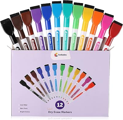 12 White Board Markers Dry Erase Marker Set | Magnetic Eraser, Skinny Fine Point, Colorful Dry Erase Markers | Magnet Whiteboard Markers, Odorless, Non-Toxic for Kids, Teachers, Office, School