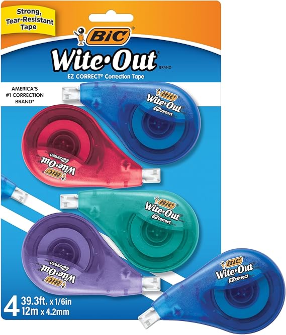 BIC Wite-Out EZ Correct Correction Tape, School Supplies for Students and Teachers, Applies Dry, No Dry Time, Tear Resistant, 4-Count Pack in White