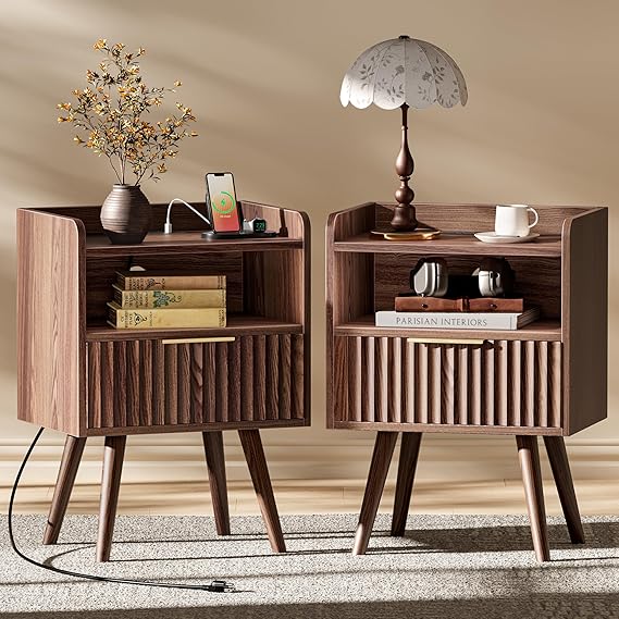 Huuger Nightstand with Charging Station, USB-C Port, Fluted Night Stand Set of 2, Bed Side Table with Drawer, Solid Wood Feet, Open Storage, End Table with Raised Edge, for Bedroom, Walnut