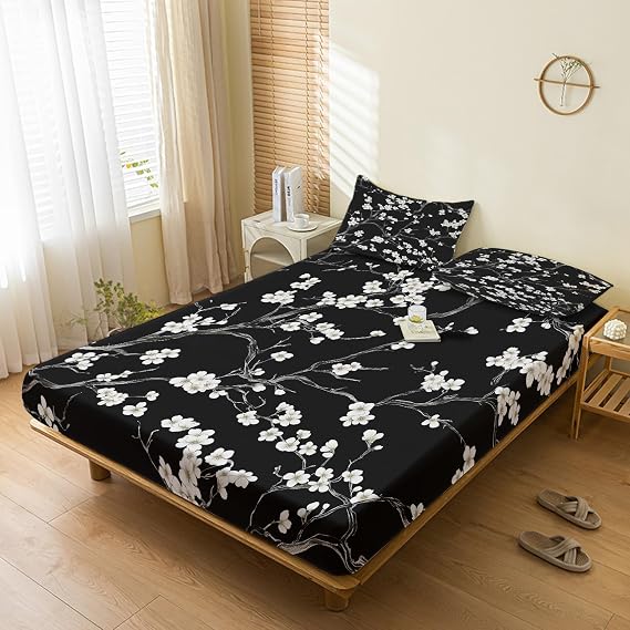 Japanese Cherry Blossom Sheets Split King for Adjustable Bed, Black White Floral Sheet Set, Flower Bedding Bedroom Decor, Microfiber Deep Pocket 2 Fitted Sheets & Flat Sheet & 2 Pillowcases