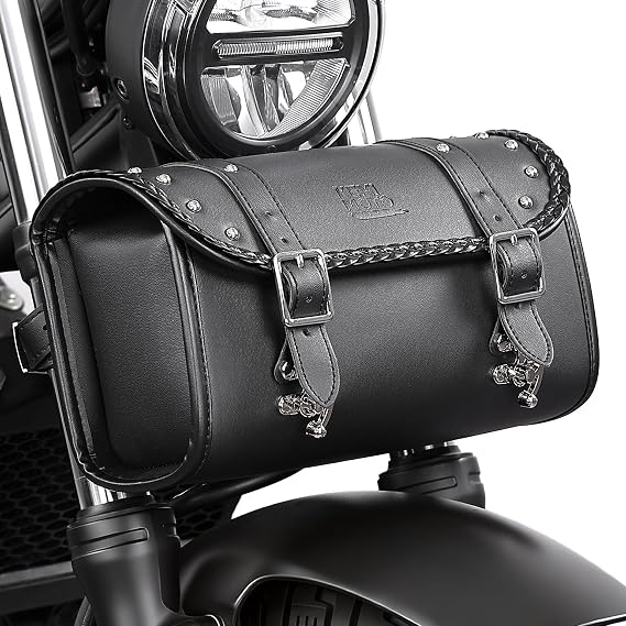 KEMIMOTO Motorcycle Fork Tool Bag 4-5L Expandable with Metal Quick-release Hook, PU Leather Adjustable Capacity Universal Saddlebag for Front Fork Handlebar Sissybar Storage Pouch Motorcycle Roll Bag