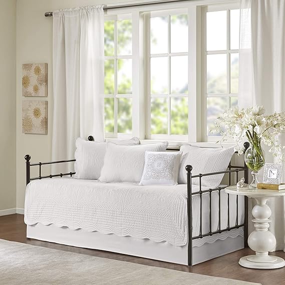 Madison Park Daybed Cover Set Damask Quilted Cover for Daybeds, All Season, Pre-washed Cotton-Filled Coastal Bedding with Scallop Edge, Shams, Bedskirt, Decor Pillows, Tuscany, White, 39"x75", 6 Piece