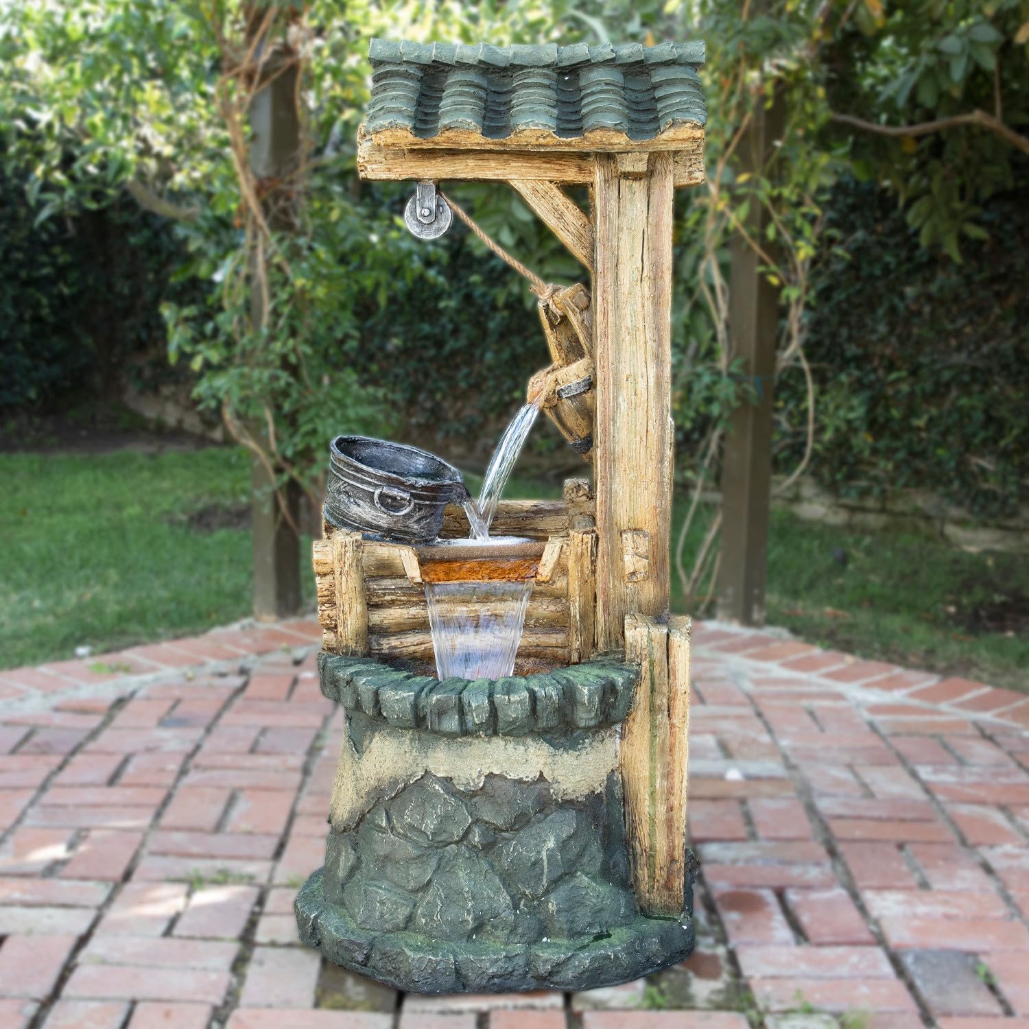 Alpine Corporation TZL128 Outdoor Floor Tiered Rustic Soothing Water Well Garden Waterfall Fountain for Garden, 50", Brown