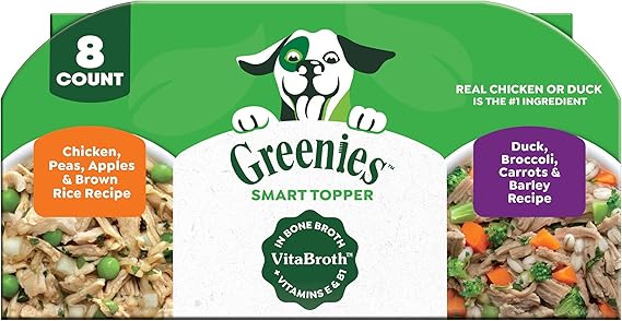 Greenies Smart Topper High Protein Wet Mix-in for Dogs, Chicken, Peas, Apples, and Brown Rice Recipe & Duck, Broccoli, Carrots and Barley Recipe Variety Pack with Whole Grains, 8 Trays of 2 oz.