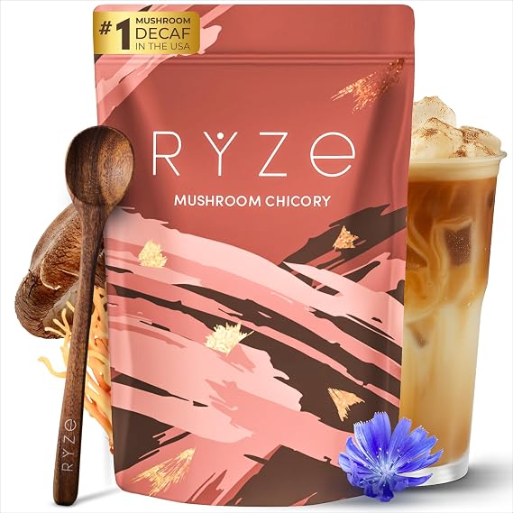 RYZE SUPERFOODS Mushroom Chicory with 6 Organic Adaptogenic Mushrooms, Keto Decaf Alternative with Chicory Root for Energy, Focus, Digestion, Immunity with Lions Mane, Turkey Tail & Shiitake
