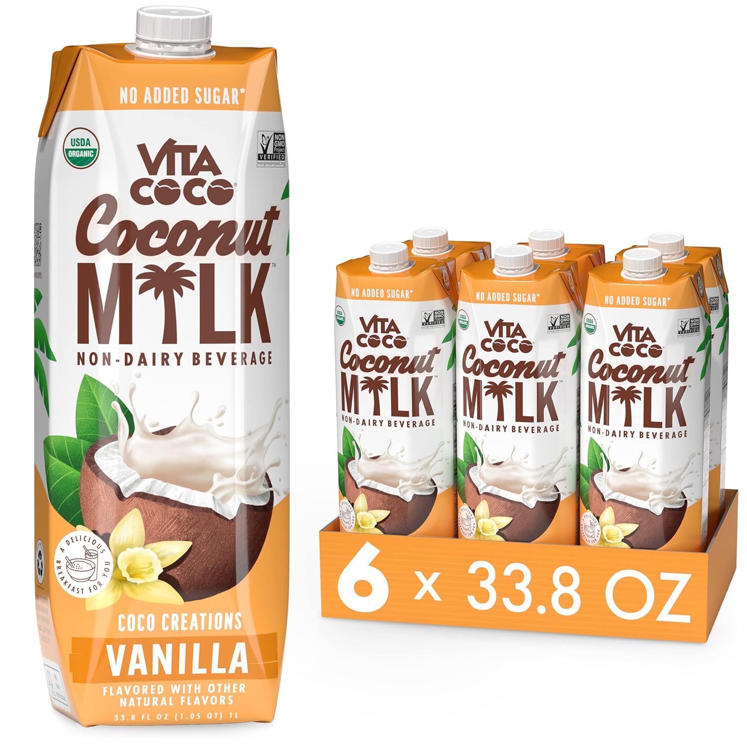 Vita Coco USDA Organic Coconut Milk, Plant Based, Dairy Free Milk Alternative - Gluten Free, Soy Free, Seed Oil Free, Unsweetened - Perfect Add to Cereal, Oatmeal, Smoothies - 33.8 Fl Oz (Pack of 6)