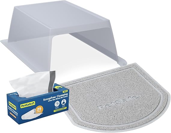 PetSafe ScoopFree Clumping Automatic Self Cleaning Cat Litter Box Hood and Accessory Bundle Includes Litter Box Hood, Waste Bin Liners for Easy Cleanup and Litter Mat for Less Tracking and Mess
