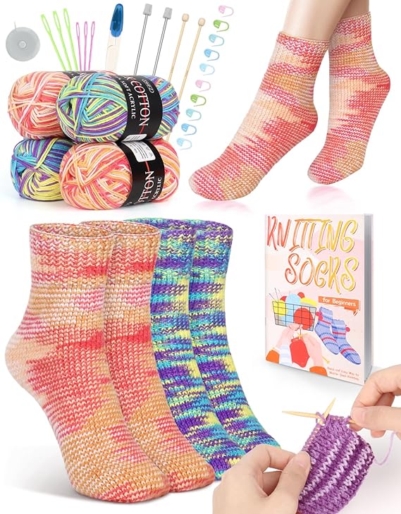 Katech Beginner Knitting Kit for Adults, 4 Pcs Socks Yarn Knitting Kit with Step by Step Instruction and 4 Knitting Needles, Knitting Starter Kit for Learn to Knit Craft Kits Gift