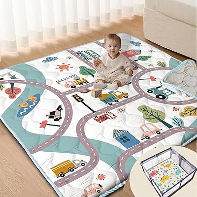 Baby Play Mats for Floor, 50X50 Playpen Mat, Car Playmat Non-Slip Cushioned Crawling Mat Thick Soft Playmats for Babies Toddlers Infants Activity & Tummy Time, Machine Washable Car,50x50