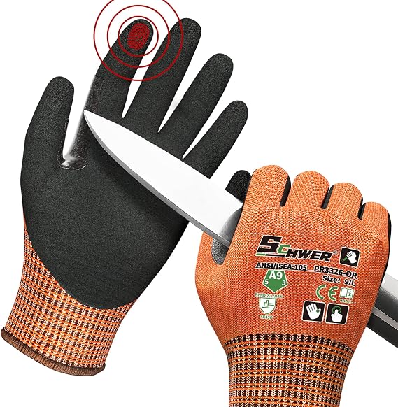 Schwer ProGuard High Level Cut Resistant Work Gloves PR3326 for Extreme Protection,ANSI A9 Cut Gloves with Reinforced Thumb, Non Slip, Breathable, Durable, Touch-screen, Orange 1 Pair(L)