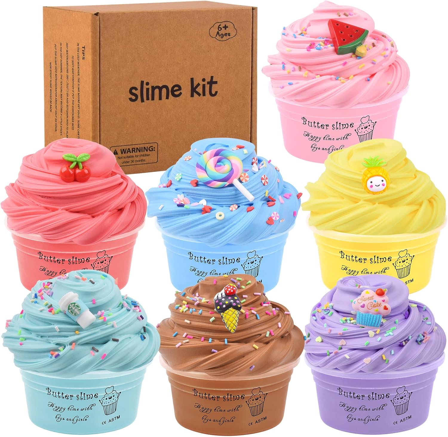 7 Pack Mini Butter Slime Kit,with Pink Watermelon, Ice Cream and Cake Slime Etc 7 Color Slime and Slime Charms,Soft and Non-Sticky,DIY Scent Slime Party,Stress Relief Sludge Toy for Boys and Girls