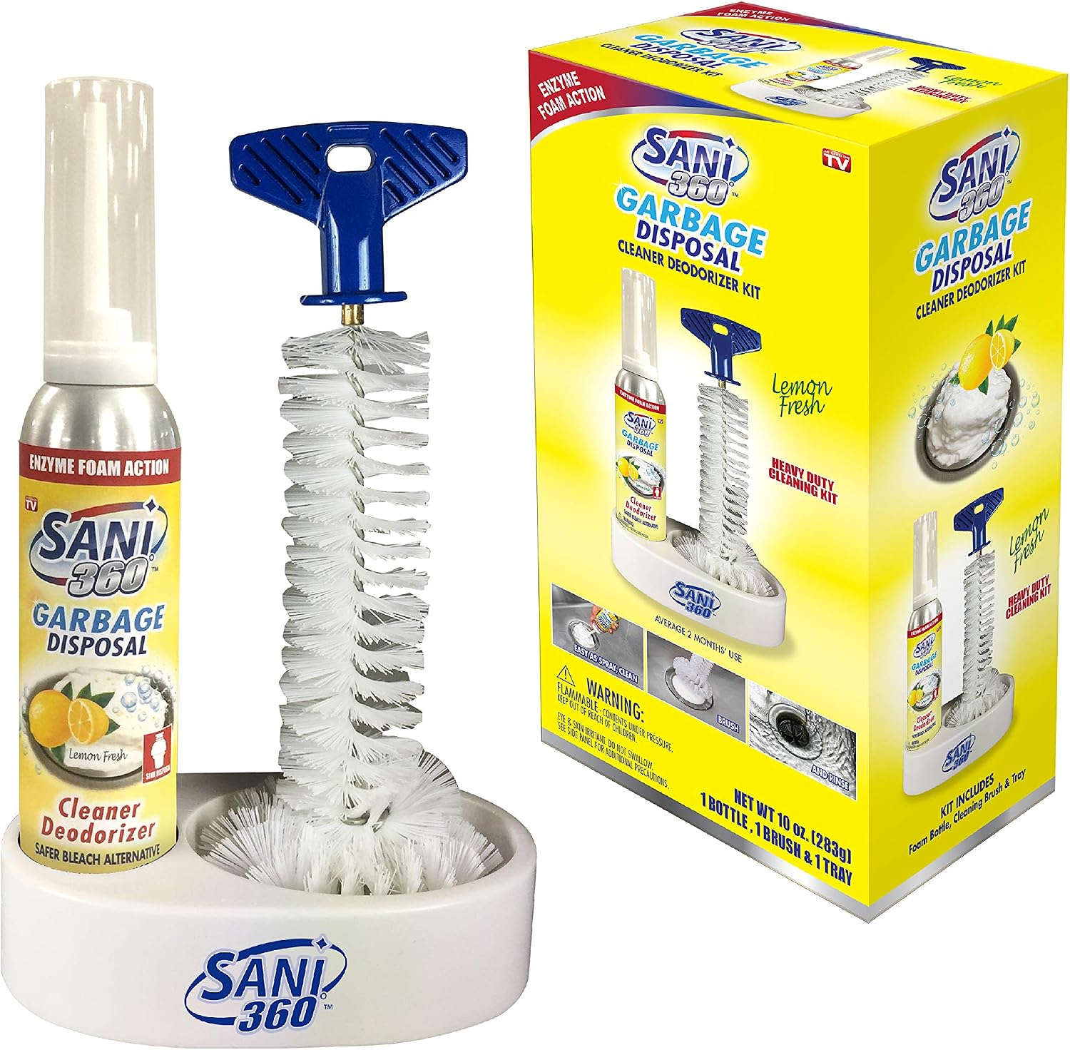 SANI 360° Sani Sticks Garbage Disposal Cleaner Kit —Lemon Scent, 10 oz Bottle of Foam with Cleaning Brush and Tray - 8 to 10 Uses