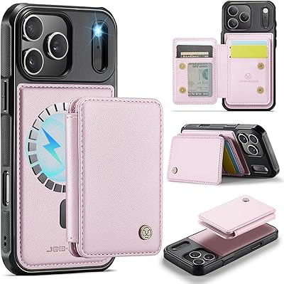Wallet Case for iPhone 17 Pro Max Compatible with MagSafe for Men Women, 2 in 1 Detachable Magnetic Phone Case with Card Holder Kickstand RFID Blocking for iPhone 17 Pro Max, Pink