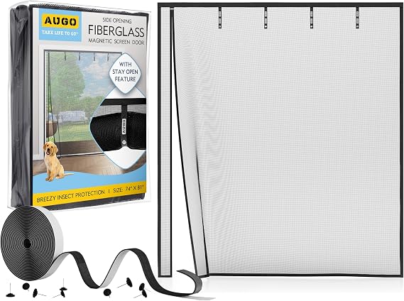 AUGO Fiberglass Magnetic Screen Door Reversible Left Right Side Opening - Self Sealing, Heavy Duty, Hands Free, Keeps Bugs Out - Pet and Kid Friendly - Patent Pending Keep Open Feature 74 x 81