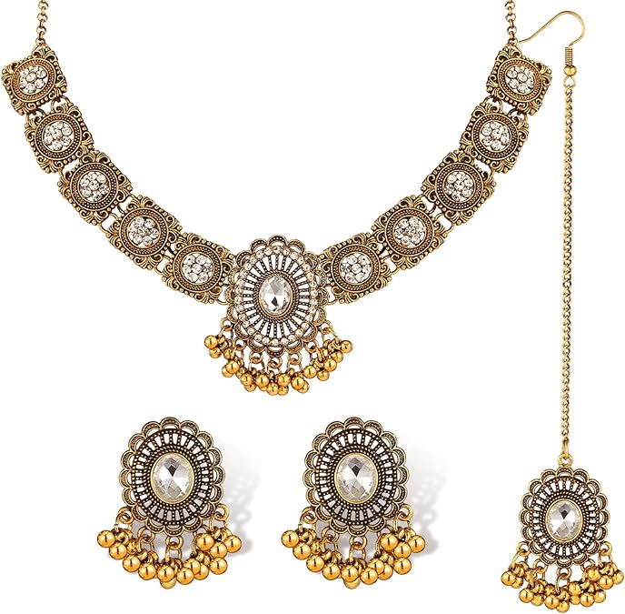 Quelay 3 Pcs Indian Jewelry Set for Women Navratri Maang Tikka Headpiece Traditional Indian Head Jewelry Rhinestone Forehead Chain Necklace Earrings for Wedding Garba Party Gifts