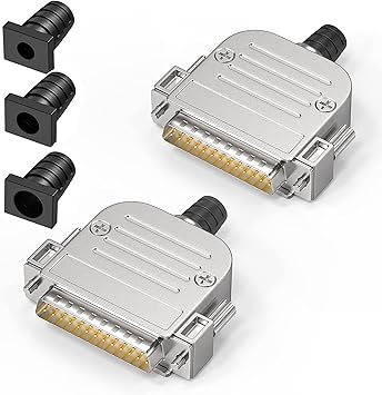 2Pack DB25 Male Adapter Metal Shell,RS232 Serial Solder Cup Connectors Kit, Gold Plated Joints DB25 Connector D-Sub 25 Pin Couplers with Metal Hoods, Strain Relief Grommet and Screws