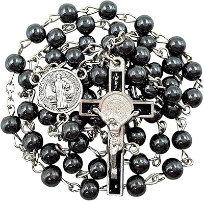TALISMAN4U CATHOLIC ROSARY NECKLACE Black Hematite Beads Saint Benedict Medal & Cross Crucifix in Gift Box