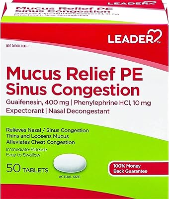 Leader Mucus Relief Pe Sinus Congestion, Expectorant; Nasal Decongestant, Thins and Loosens Mucus, Immediate-Release, Alleviates Chest Congestion, 50 Tablets Pack of 4