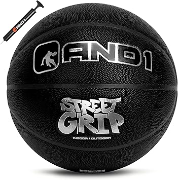 AND1 Street Grip Premium Composite Leather Basketball & Pump- Official Size 7 29.5 Streetball, Made for Indoor and Outdoor Basketball Games Black