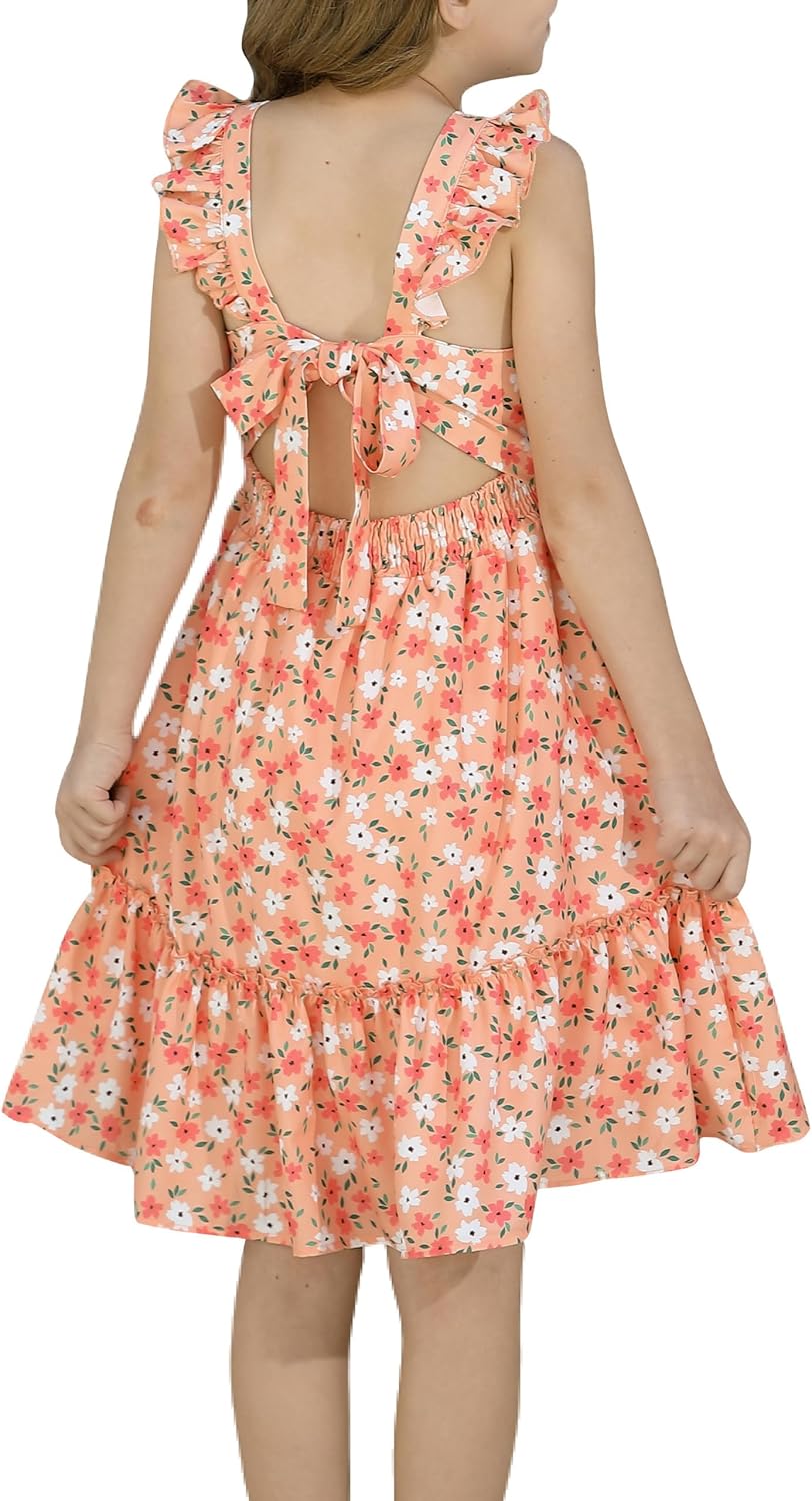 Girls Floral Dress Tie Back Flutter Sleeves Dresses Summer Casual A-Line Dress for 5-12Y
