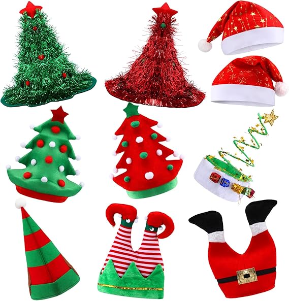 Vicenpal 10 Pcs Funny Christmas Santa Hats Christmas Tree Coil Santa Elf Pants Hat for Adults Xmas Dress up Photo Props