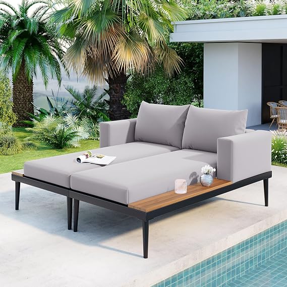 Outdoor Daybed Patio Chaise Lounge for 2, Patio Daybed 2 in 1 Padded Chaise Lounges for Poolside, Backyard, Porch, Grey