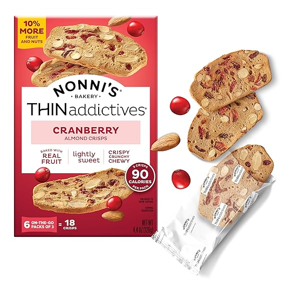 Nonni's THINaddictives Cranberry Almond Nut Cookies, Sweet Crunchy & Chewy Crisps, Individually Wrapped, Kosher Snack, Perfect with Coffee, 6 Packs of 3 Crisps, 4.4 oz