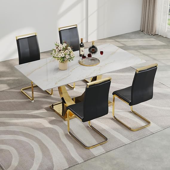 Baysitone 5-Piece Modern Glass Dining Table Set, 63" Rectangular Faux Marble Top Tempered Glass Kitchen Table with Gold Base Set & 4 Black-Gold Faux Leather Dining Chairs for Dining Room Kitchen