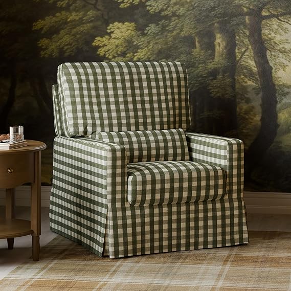 Namesake Crawford 360 Swivel Glider Nursery Chair - GREENGUARD Certified, Ultra Cozy Swivel Rocker - Versalite Glider Rocking Chair for Nursery, Living Room - Green Gingham