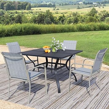 5-Piece Outdoor Dining Set, Square Metal Table with Beige Chairs, Black Patio Table with Umbrella Hole for Garden, Yard, Patio